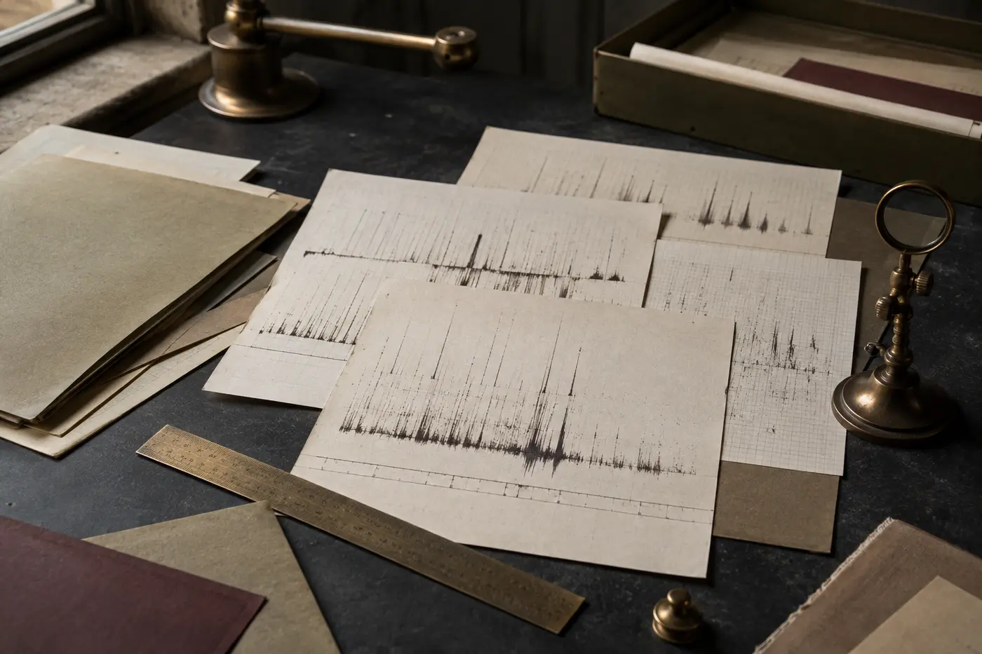 Abstract chromatography printouts arranged across a warm archival laboratory desk.