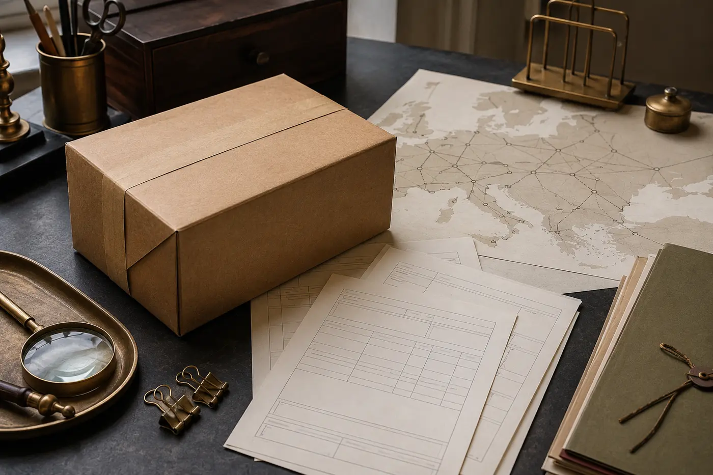 Unbranded kraft parcel beside blank logistics forms and an abstract map of Europe.